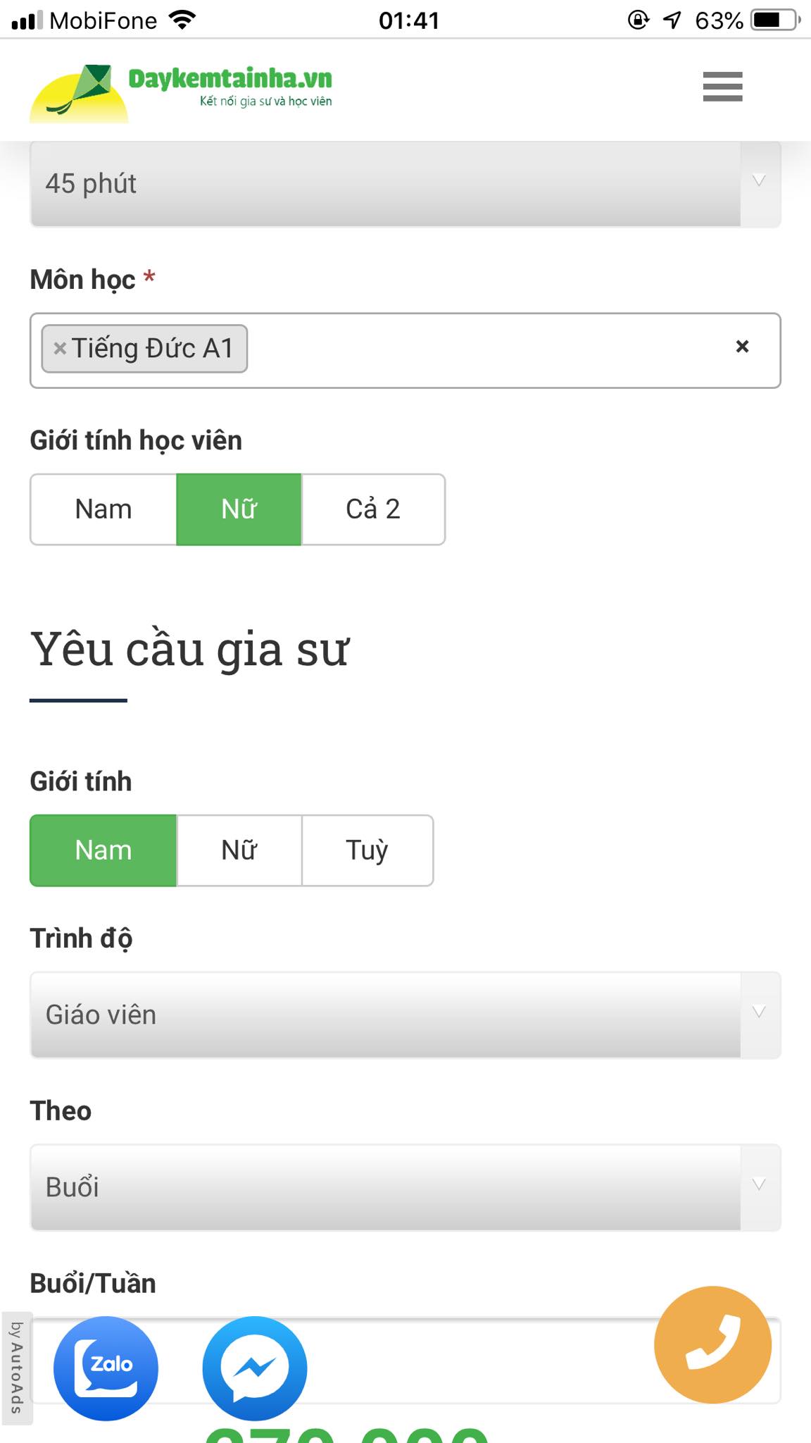 Học phí tiếng Đức A1
